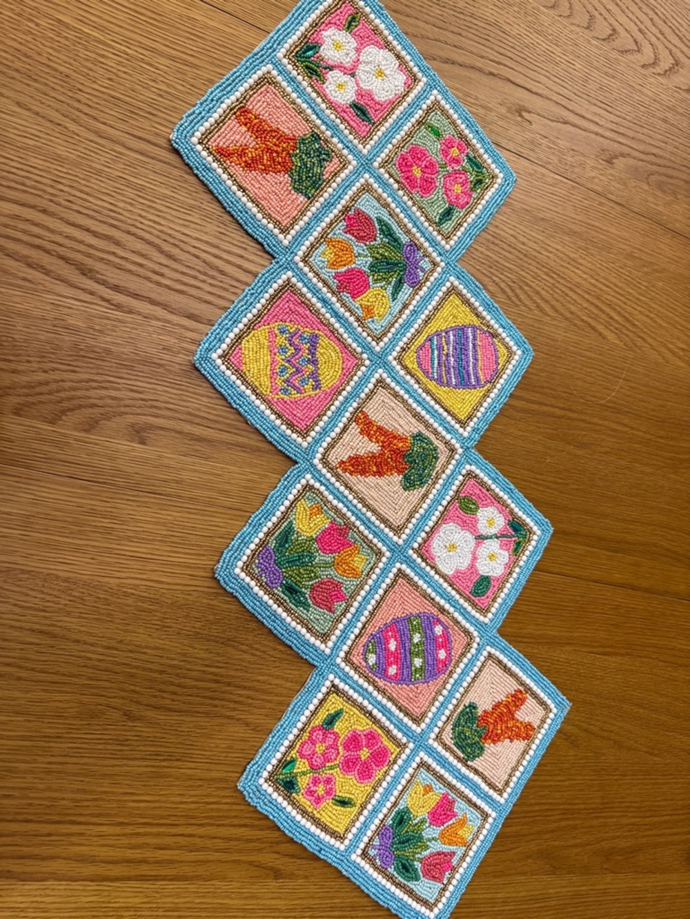 Beaded Spring Easter Table Runner - Multicolor Floral & Egg Motifs